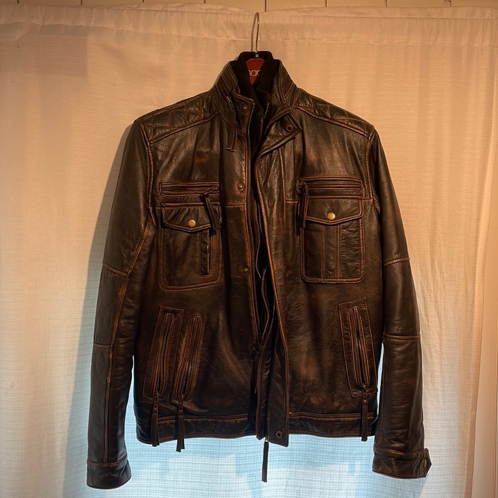 Leather motorcycle jacket.